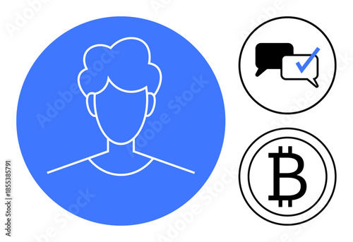 Minimalistic person profile icon, chat bubble with checkmark, and Bitcoin symbol. Ideal for digital identity, communication, cryptocurrency, verification, fintech, blockchain social media simple