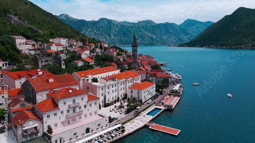 Perast Town aerial view in Kotor Bay in Montenegro
