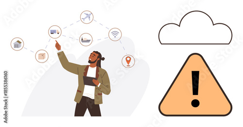 Man pointing at interconnected network elements thumbs up home, devices, transport, and location. Nearby cloud and warning sign emphasize data security and safety. Ideal for IoT networks, data