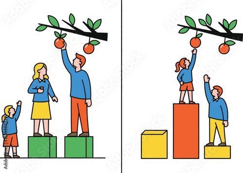 Illustration of people picking apples from a tree on different sized blocks