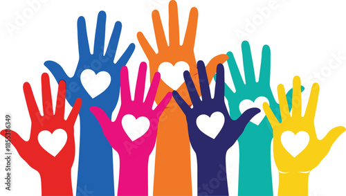 Diverse hands with heart shapes symbolizing love and unity