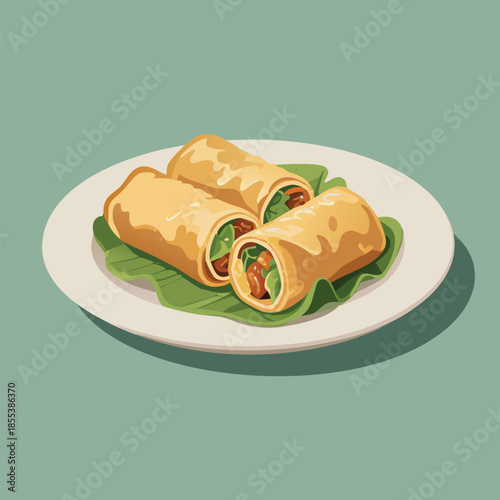 Delicious Spring Rolls on a White Plate with Green Leaves.