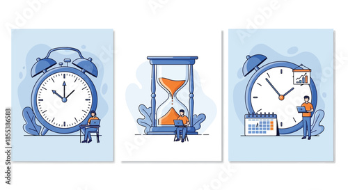Triptych of time clocks and hourglass artwork