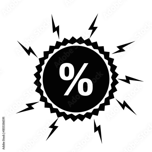 Black Sale Badge with Lightning Bolts and Percentage Sign.