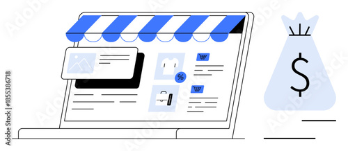 Laptop screen showcasing an online storefront with product details, digital shopping icons, and a moneybag symbol. Ideal for ecommerce, online business, digital transactions, retail, marketing