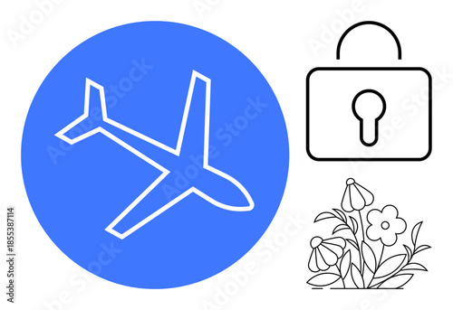Transportation, security, travel safety, privacy, nature, artistic design. Blue circle with airplane, black lock icon floral illustration. Transportation and security concepts creatively