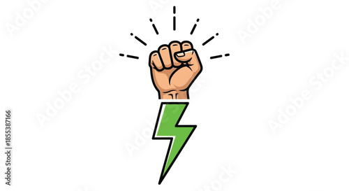 Cartoon fist with green lightning bolt and energy effect