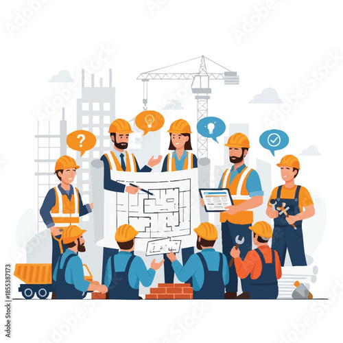 Construction Team Discussing Blueprint Project Plan.