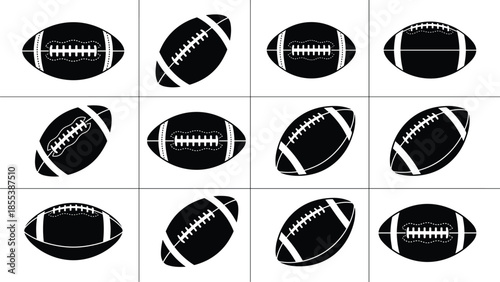 American football ball icons set, multiple angles and styles, black and white sports equipment, gridiron game design elements