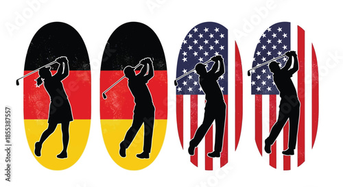 German and american flags with trumpet player silhouettes