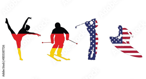 American skiers in patriotic attire performing aerials and downhill