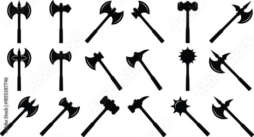 Medieval battle axe silhouette icons set, fantasy weapon collection, warrior tools, ancient combat arms, black historical illustration design