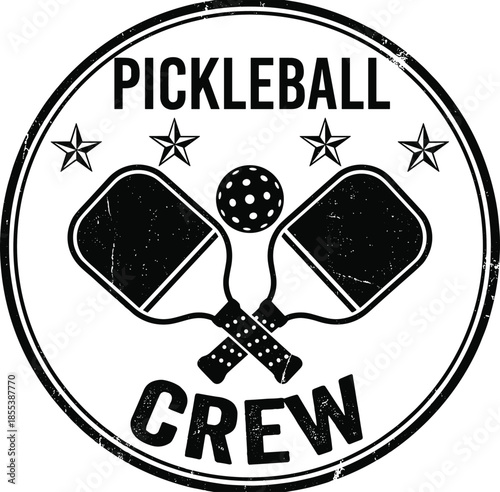 Pickleball crew vintage badge logo, paddle and ball emblem, sport team identity, retro athletic design, competitive pickleball community