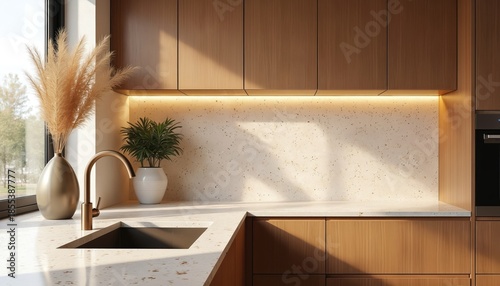 Modern kitchen with terrazzo countertop and wood cabinets features a sink and faucet. Stylish interior design includes potted plants and ambient under cabinet lighting.
