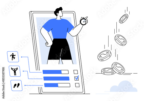 Fitness apps, health management, user interaction, digital rewards, gamification in fitness, mobile analytics. Person on a smartphone with progress indicators and coins. Fitness tracking and health