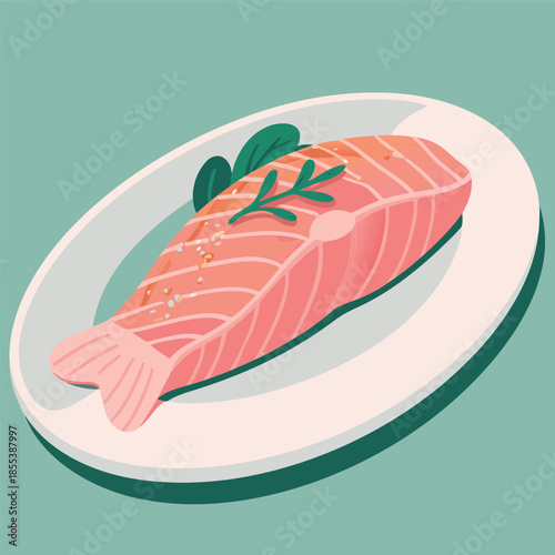 Fresh Salmon Fillet on a Plate with Herbs.