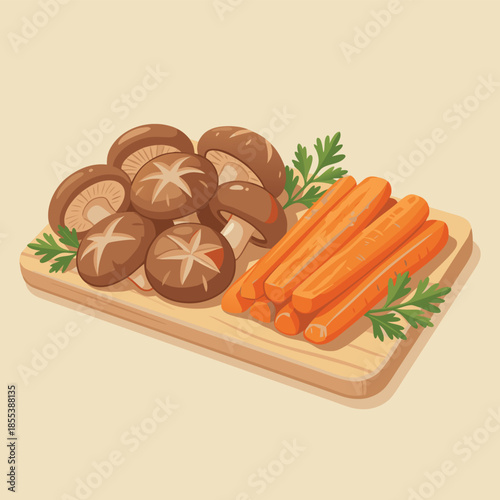 Fresh Shiitake Mushrooms and Carrots on a Wooden Cutting Board.