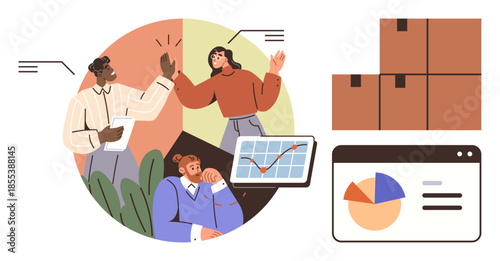 Group celebrating success, analyzing graphs and statistics, stacked shipping boxes. Ideal for teamwork, logistics, data, analytics, collaboration productivity decision-making. Simple flat metaphor