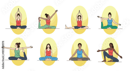 Yoga poses illustration with various asanas and human figures