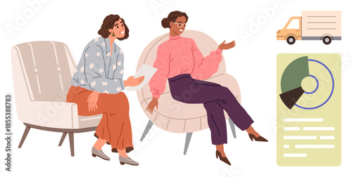 Two women converse in armchairs, analyzing data with a pie chart nearby and a delivery truck icon. Ideal for collaboration, business, discussion, logistics, teamwork, data planning. A simple flat