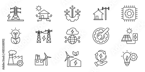 Modern Green Energy and Sustainable Technology Line Art Icons Depicting Renewable Power, Eco-Solutions, and Industry Innovation