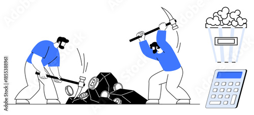 Cryptocurrency mining, blockchain technology, digital currency, financial operations, data processing, economic resources. Two workers breaking rocks with tools. Cryptocurrency mining and blockchain