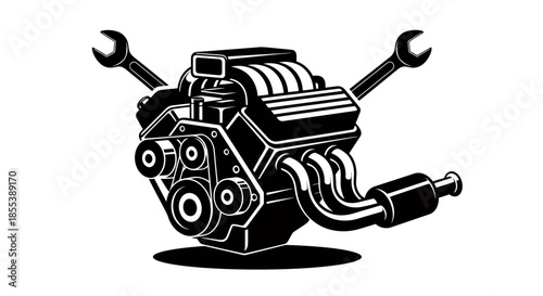 Detailed vector illustration of a car engine with wrenches, set against a clean white backdrop, ideal for automotive or mechanical design projects and visual communication.