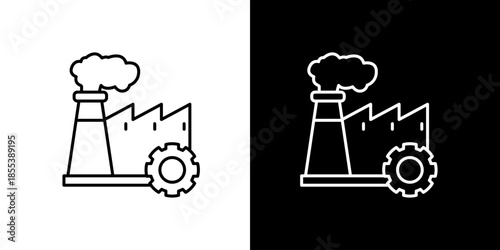 Industrial factory building with smoke stacks and gears icon on white and black backgrounds