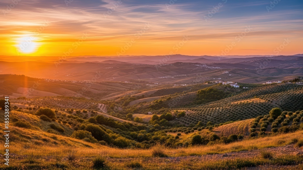 Fototapeta premium Expansive landscape of rolling hills and valleys bathed in warm light during a captivating golden sunset