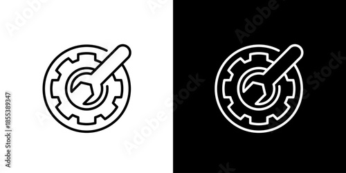 Outline icon depicting a gear cogwheel and wrench for technical settings, maintenance, repair, and operational service applications