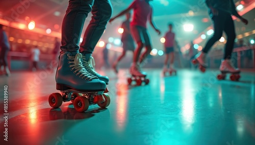 People skate on roller rink under colorful neon lights. Friends enjoy leisure activity on wheels gliding across floor. Youthful group has fun during night party.