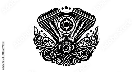 A detailed vector illustration showcases a motorcycle engine design, intricately decorated with floral and ornamental elements, perfect for mechanical or custom design projects.