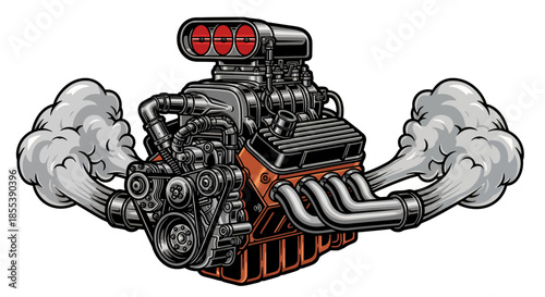 Detailed vector illustration of a powerful car engine with exhaust fumes, showcasing mechanical design and engineering in a dynamic and eye-catching style.