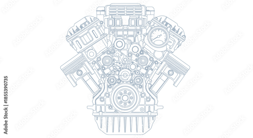Fototapeta premium Detailed vector illustration of a car engine, showcasing its intricate components and design, ideal for automotive or engineering related projects with a clean aesthetic.