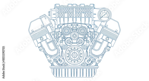 A detailed technical blueprint illustration of a powerful internal combustion engine, showcasing intricate mechanical components in a clean vector style.