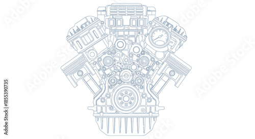 Detailed vector illustration of a car engine, showcasing its intricate components and design, ideal for automotive or engineering related projects with a clean aesthetic.