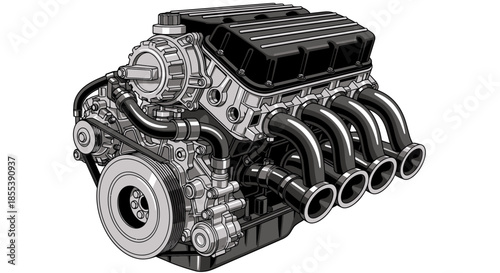 Detailed vector illustration of a car engine showcasing its intricate components and design, ideal for automotive enthusiasts and engineering projects, presented on white.