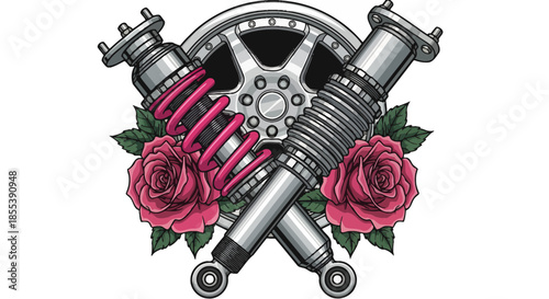 A stylized vector illustration features crossed automotive shock absorbers with vibrant pink roses and a car wheel, symbolizing custom vehicle tuning and performance.