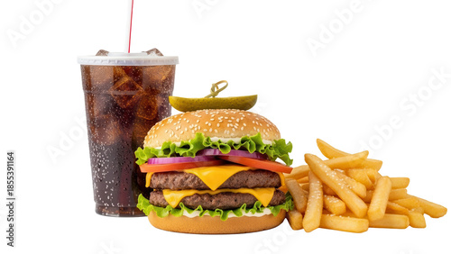Double decker burger combo with salted french fries and a tall soda cup isolated on white background