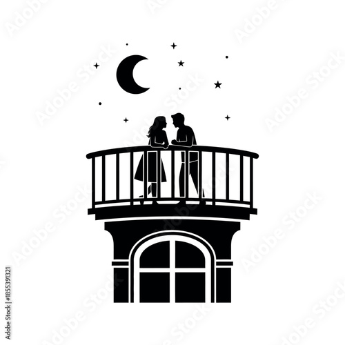 Romantic couple on balcony under moon and stars.