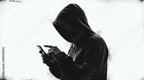 Hacker Using Mobile Phone in the Dark, hooded figure typing on a cell phone isolated on white