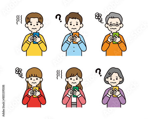 困った表情でスマートフォンを見る、様々な年代の男女のベクターイラスト素材セット＿カラー
