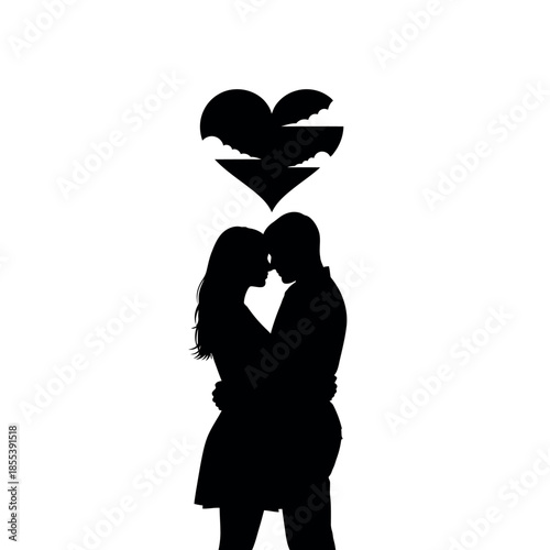 Silhouette of a loving couple embracing under a broken heart symbol.