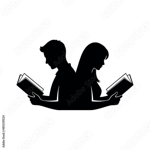 Silhouette of a man and woman reading books back to back.