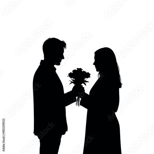 Silhouette of a man giving flowers to a woman romantic gesture.