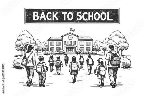 Back to School Scene with Students and Parents Walking Toward Building, Detailed Hand Drawn Sketch Vector Illustration for Education and Childhood Themes.