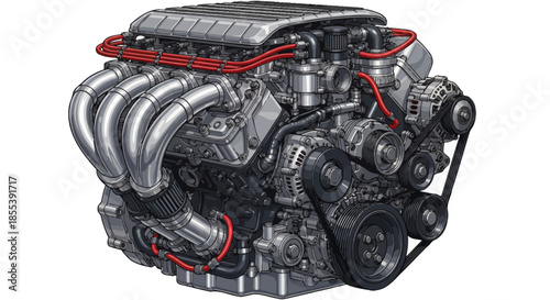 A detailed vector illustration showcases a powerful engine, highlighting its intricate components and mechanical design, perfect for automotive and engineering projects.