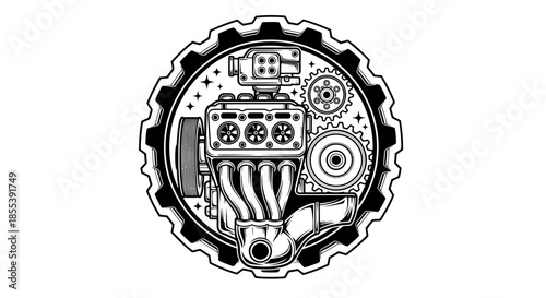 Detailed vector illustration of an engine inside a cogwheel, showcasing mechanical engineering and automotive technology with a clean, modern design.