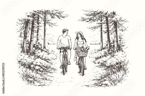 Happy Couple Riding Bicycles Through Forest Path, Detailed Hand Drawn Sketch Style Vector Illustration for Outdoor Adventure, Exercise, and Nature Lifestyle.