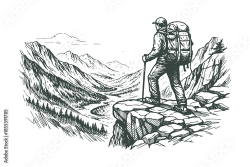 Solo Male Hiker with Backpack Standing on Cliff Edge Looking at Mountains, Detailed Hand Drawn Sketch Vector Illustration for Hiking and Exploration Themes.
